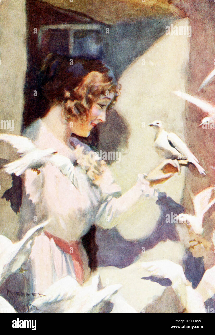 This illustration dates to the early 1900s and shows Hilda with doves, The tale of Hilda is found in Nathaniel Hawthorne's The Marble Faun, also known as The Romance of Monte Beni. The caption reads: They soon became familiar with the fairhaired Saxon girl as if she were a born sister of their brood. - Transformation. Nathaniel Hawthorne (1804-1864) was an American novelist and short story writer. His Wonder-Book and Tanglewood Tales are children’s classics. He also wrote The Scarlet Letter, Blithedale Romance, The House of Seven Gables, The Marble Faun. With his superb creation of dark-hued a Stock Photo