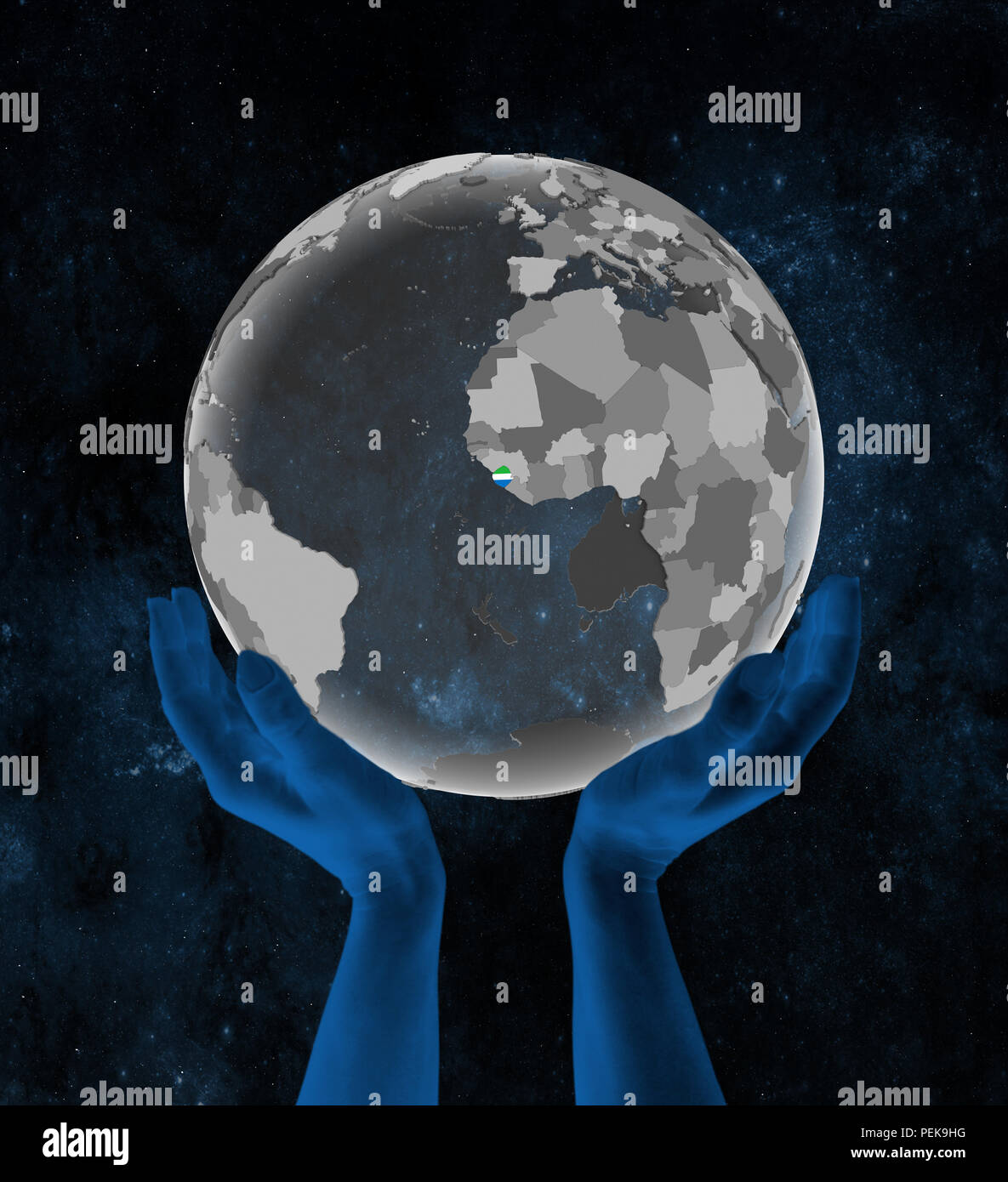 Sierra Leone With flag on translucent globe in hands in space. 3D ...