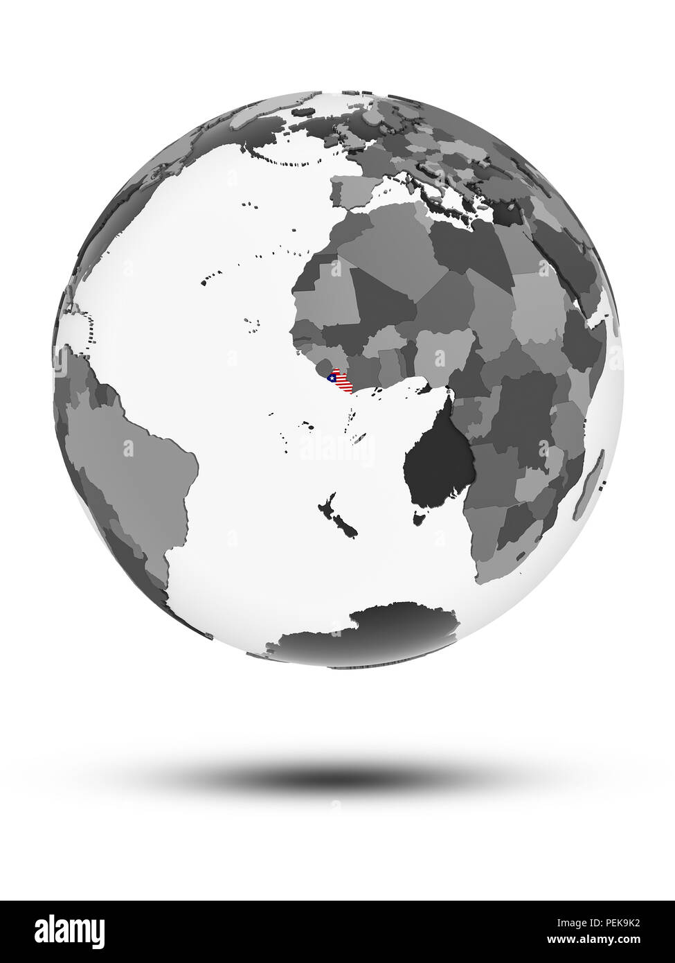 Liberia with flag on globe with shadow isolated on white background. 3D ...