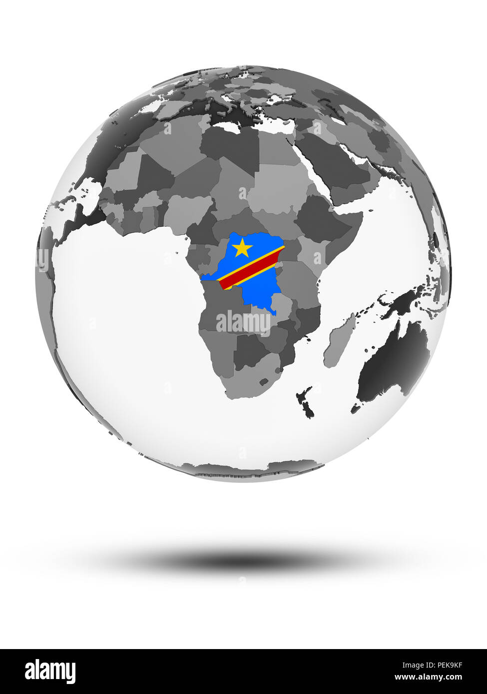 Democratic Republic of Congo with flag on globe with shadow isolated on white background. 3D illustration. Stock Photo
