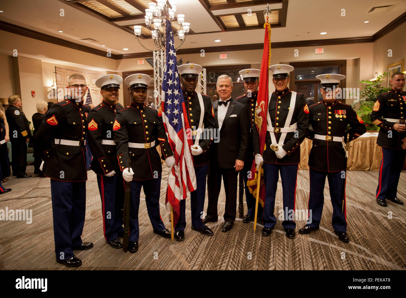 U.S. Marine Corps Gen. James F. Amos, center, 35th commandant of the Marine Corps, meets with Marines before the start of the Marine Corps Combat Service Support Schools (MCCSSS) Marine Corps ball ceremony held at Myrtle Beach, S.C., Nov. 20, 2015. MCCSSS personnel and guests gathered to celebrate the 240th Marine Corps Birthday. (U.S. Marine Corps Combat Camera photo by Lance Cpl. Amy L. Plunkett/ Released) Stock Photo