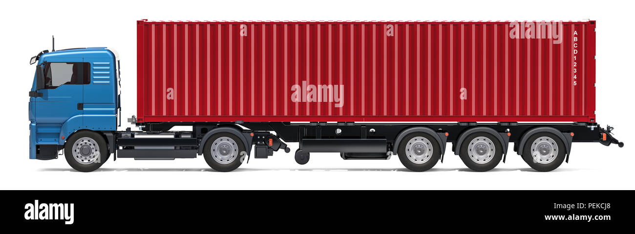 Container truck, side view. 3D rendering isolated on white background Stock Photo
