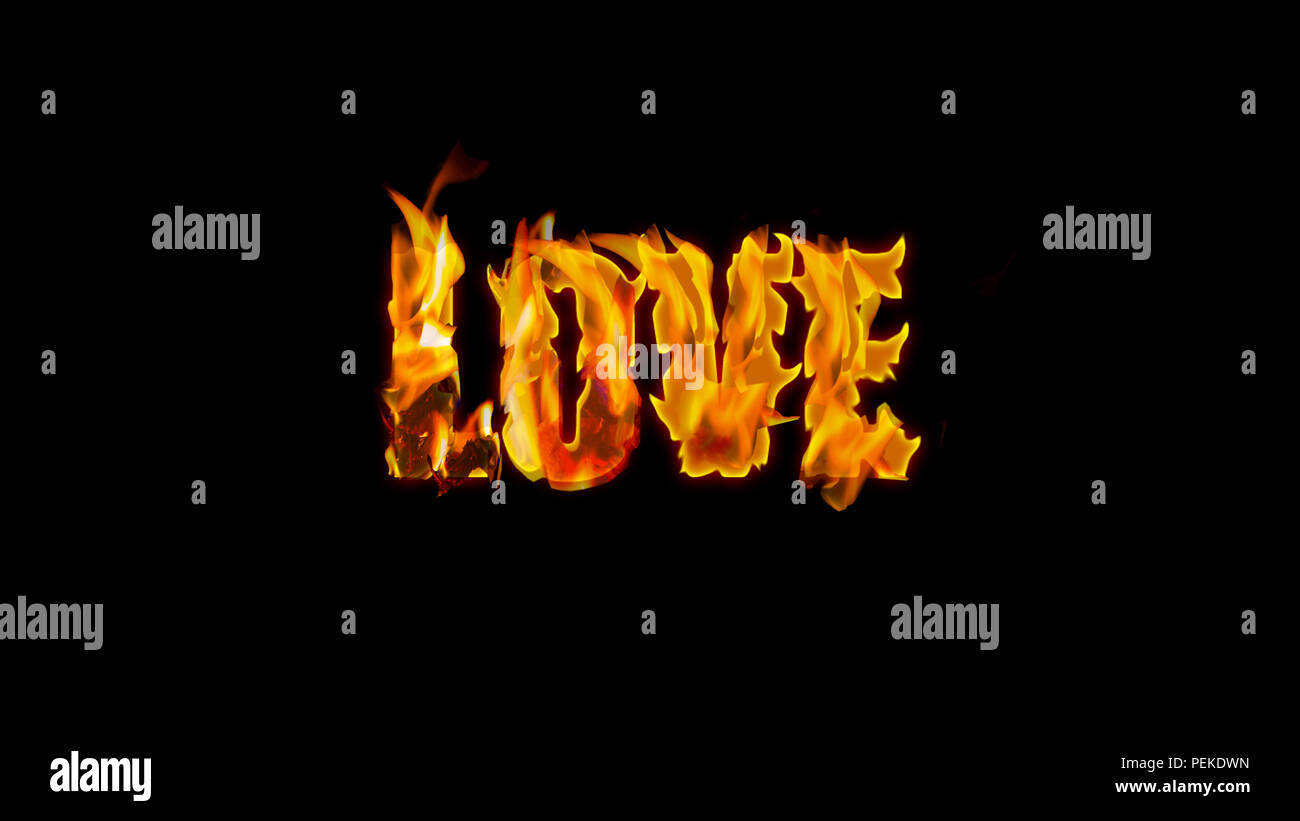 Decorative fire text - love - on a black background Stock Photo