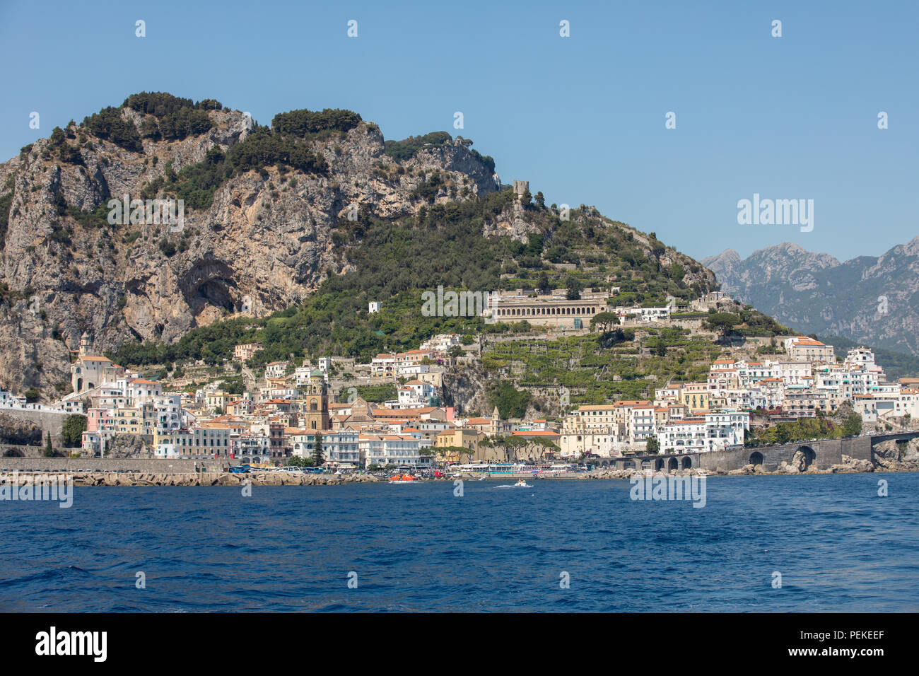 View of Amalfi. Amalfi is a charming resort town on the scenic Amalfi Coast of Italy. Stock Photo