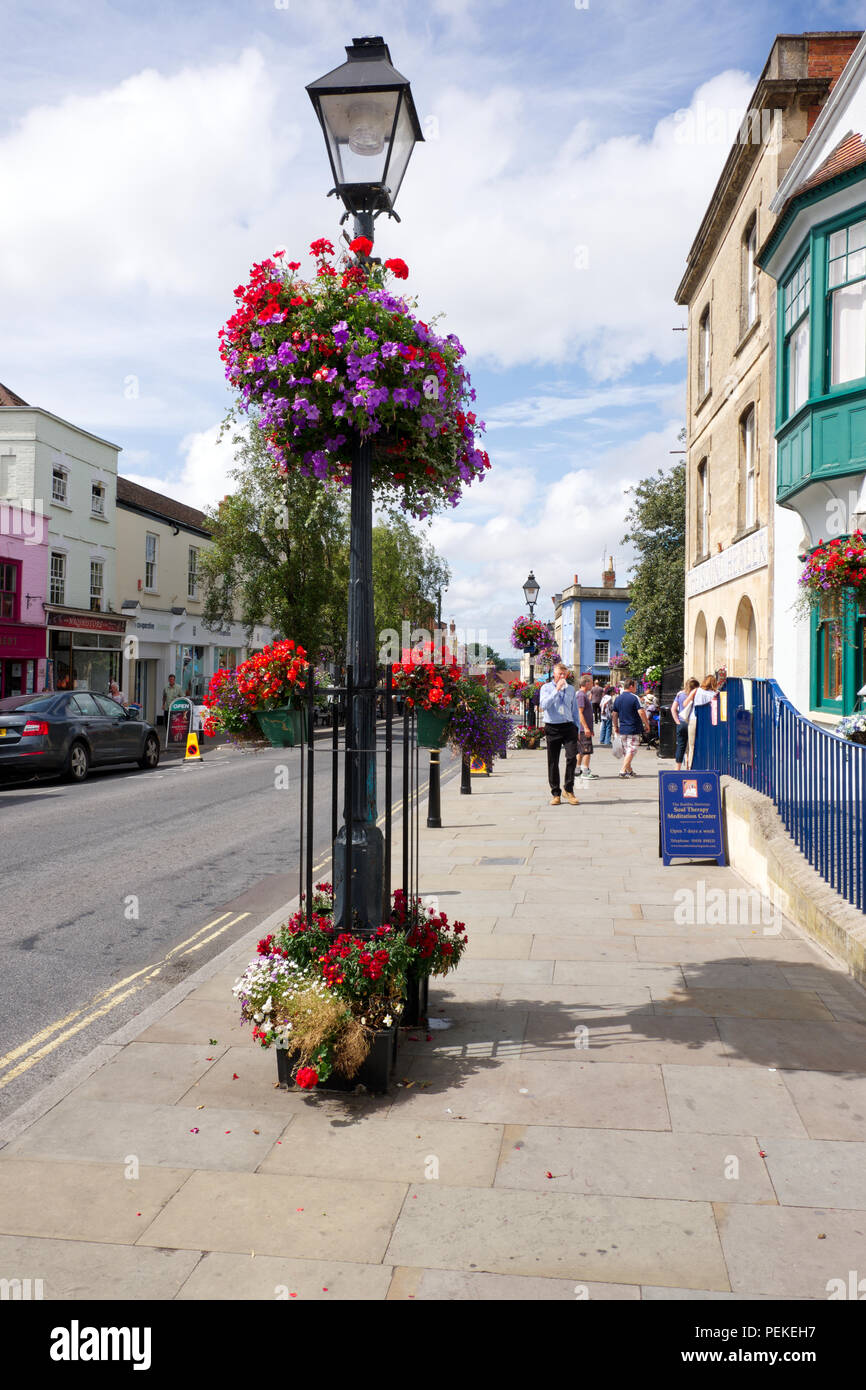 Hanging flower baskets on lamp post hires stock photography and images