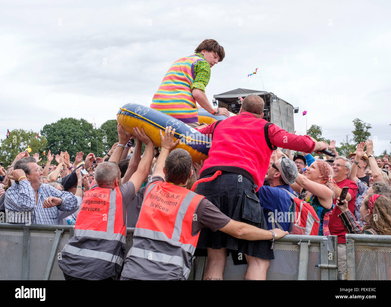 The Bar Steward Sons of Val Doonican crowd surfing at Fairport’s Cropredy Convention, England, UK. August 11, 2018 Stock Photo