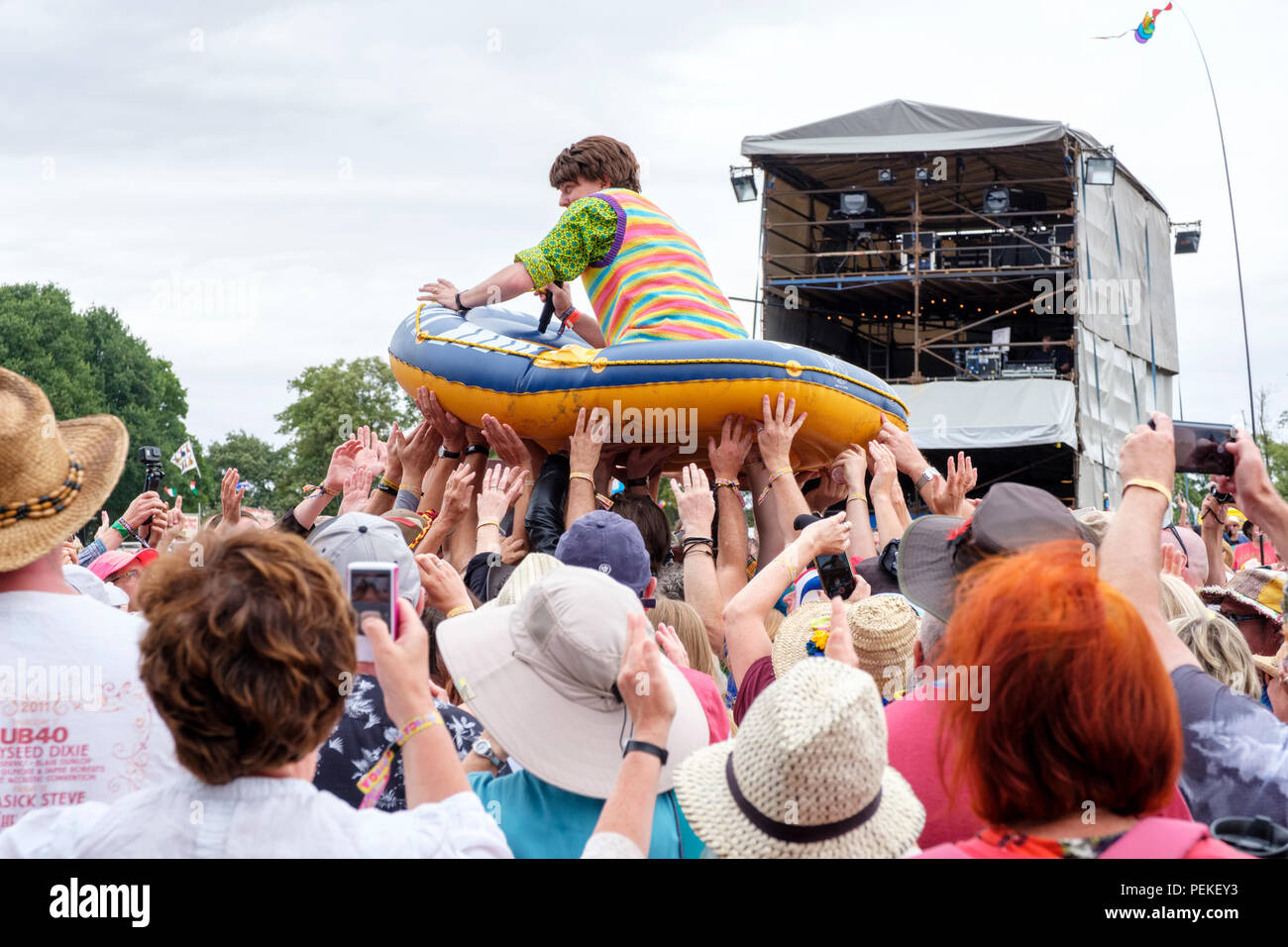 The Bar Steward Sons of Val Doonican crowd surfing at Fairport’s Cropredy Convention, England, UK. August 11, 2018 Stock Photo