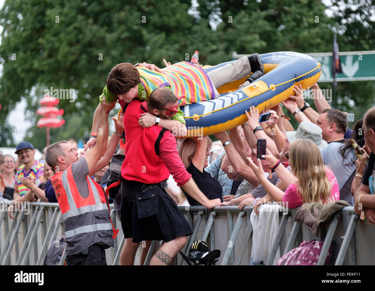 The Bar Steward Sons of Val Doonican crowd surfing at Fairport’s Cropredy Convention, England, UK. August 11, 2018 Stock Photo