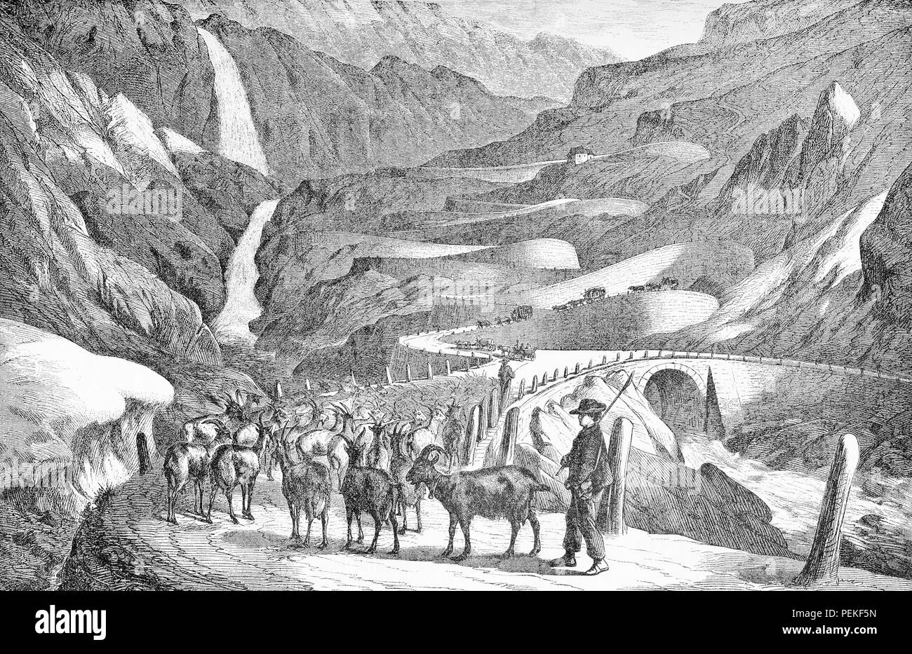 Val Tremola,Switzerland:  the old road to the Gotthard Pass in Canton Ticino built in 1827 -1832 with supporting walls and granite paving, old print with cattle and farmers Stock Photo