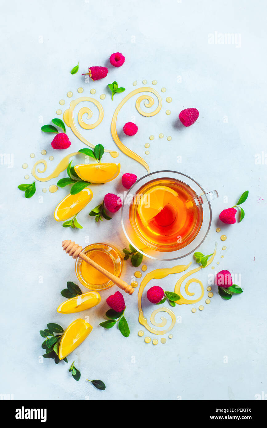 Honey Tea From Above Decorative Honey Swirls Lemon Slices