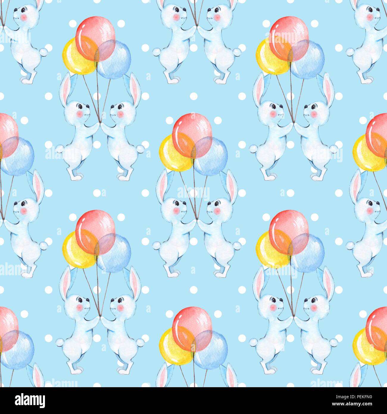 Seamless pattern with cartoon white rabbits and balloons. Watercolor background 7 Stock Photo
