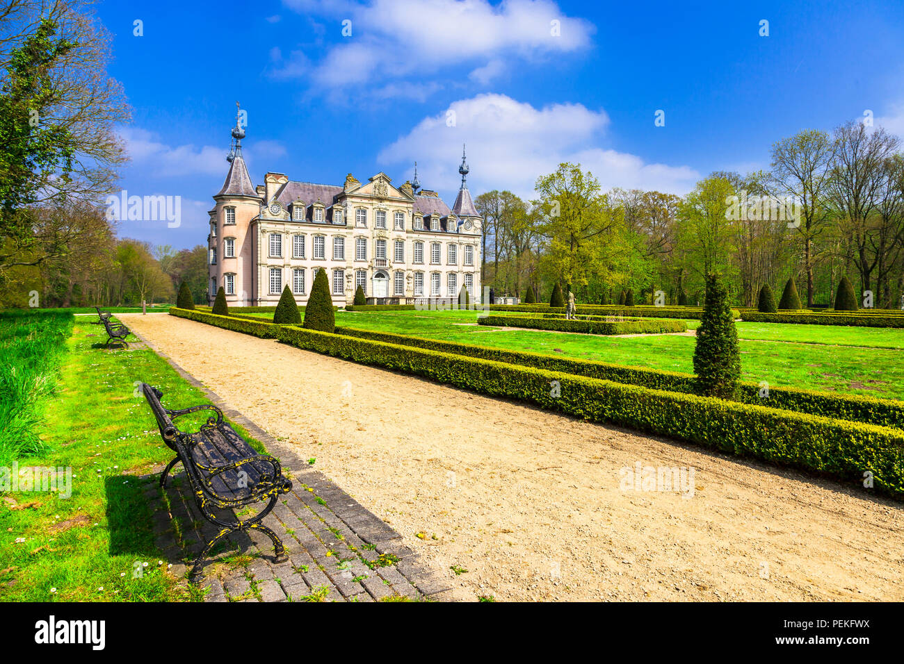 Elegant Poeke medieval castle,view with gardens,Belgium. Stock Photo
