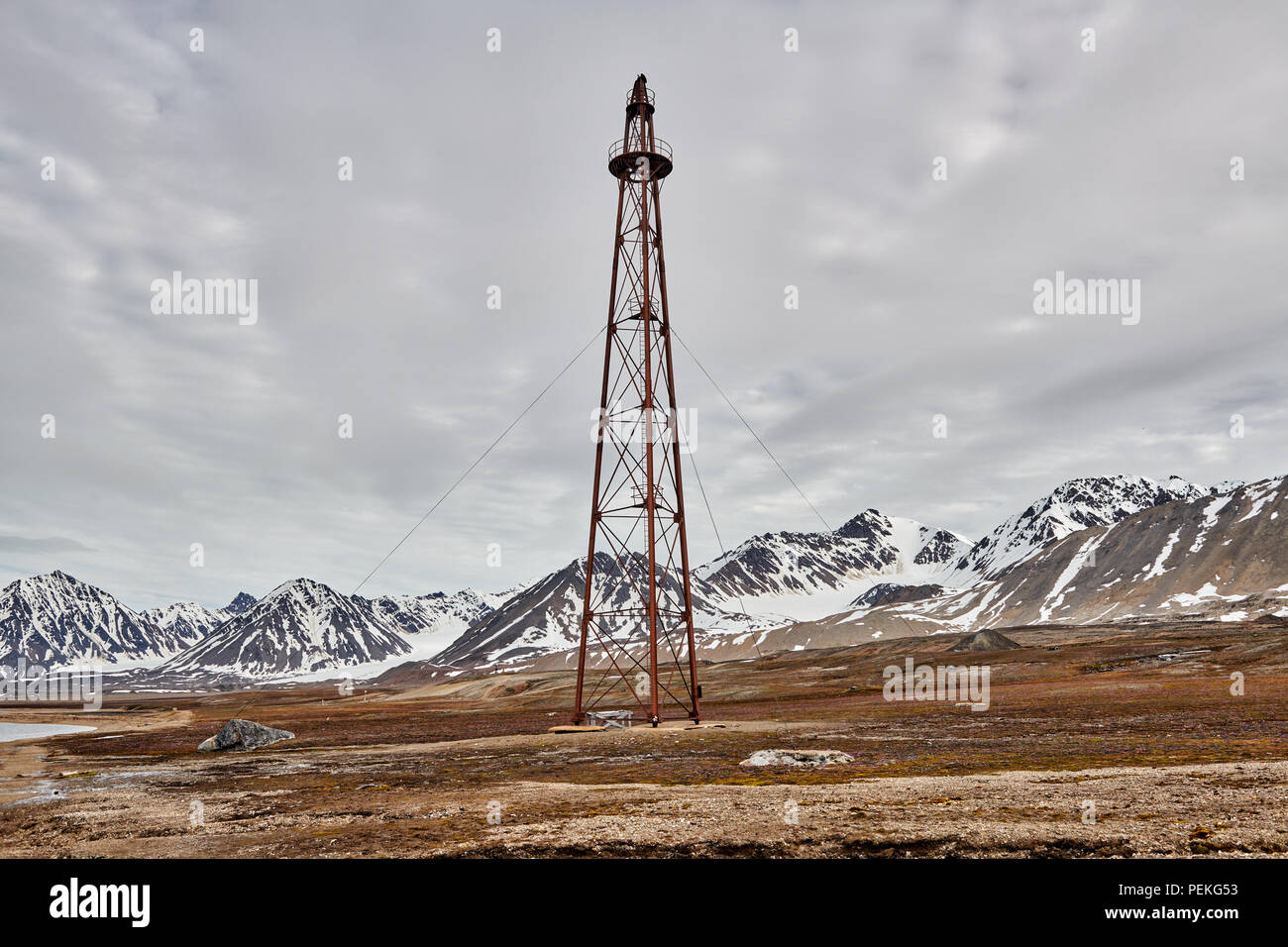 mooring mast of Amundsen's North Pole Expedition, the Northernmost civilian and functional settlement Ny-Ålesund, Svalbard or Spitsbergen, Europe Stock Photo