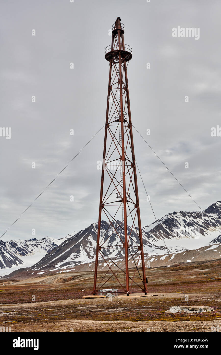 mooring mast of Amundsen's North Pole Expedition, the Northernmost civilian and functional settlement Ny-Ålesund, Svalbard or Spitsbergen, Europe Stock Photo