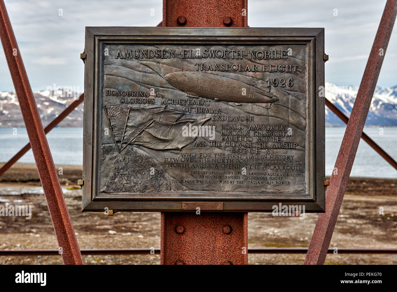 Image panel in Ny-Ålesund commemorates Amundsen's North Pole Expedition, the Northernmost civilian and functional settlement Ny-Ålesund, Svalbard Stock Photo