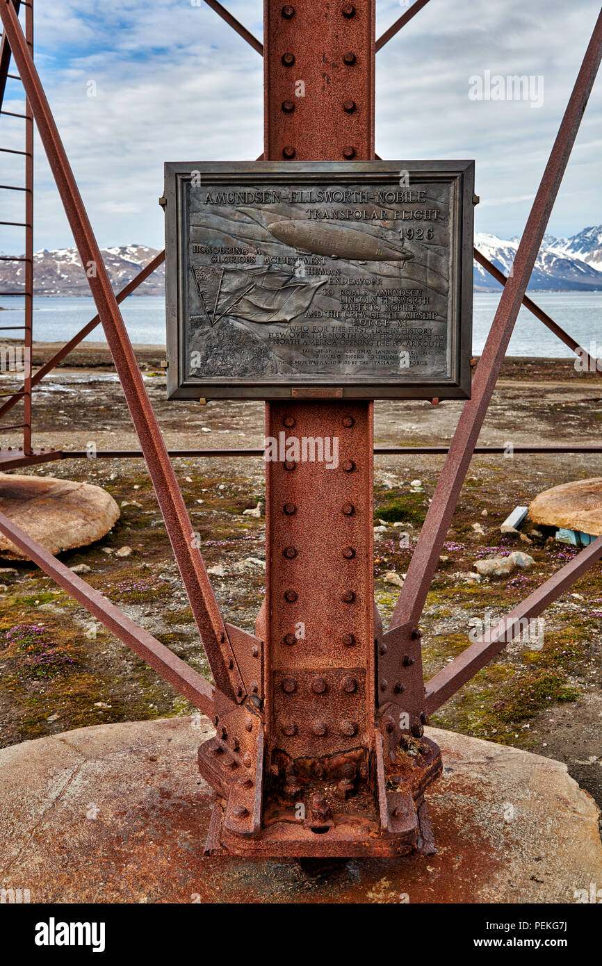 Image panel in Ny-Ålesund commemorates Amundsen's North Pole Expedition, the Northernmost civilian and functional settlement Ny-Ålesund, Svalbard Stock Photo