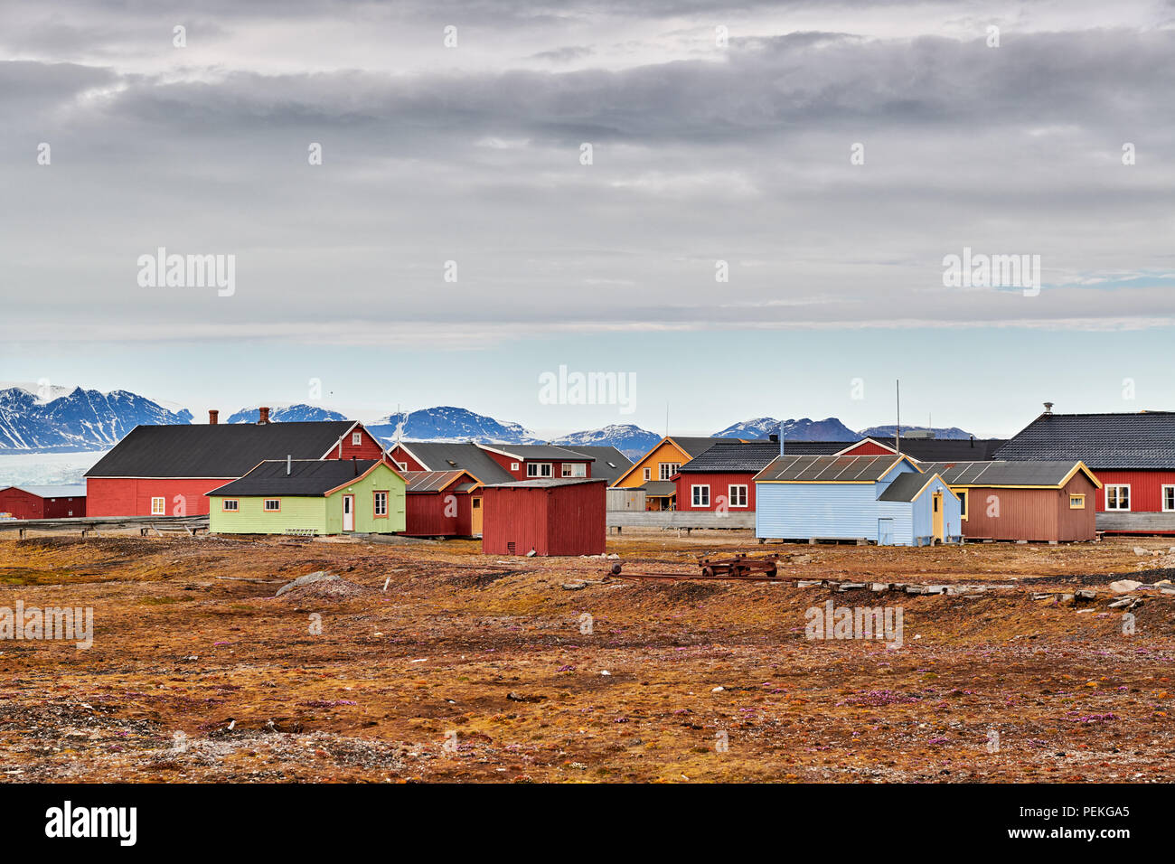buildings of the Northernmost civilian and functional settlement Ny-Ålesund, Svalbard or Spitsbergen, Europe Stock Photo