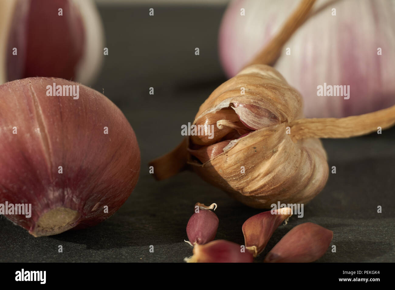 Garlic bulbs cloves and bulbil on dark stone background, growing garlic from cloves or bulbils concept Stock Photo
