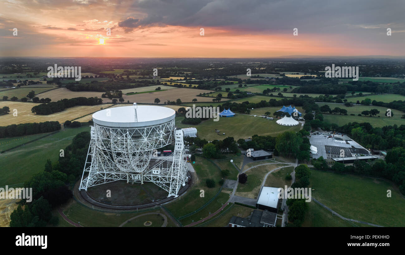 Aerial Shot Of Jodrell Bank Observatory Radio Telescope in Macclesfield Near Manchester in Cheshire Stock Photo