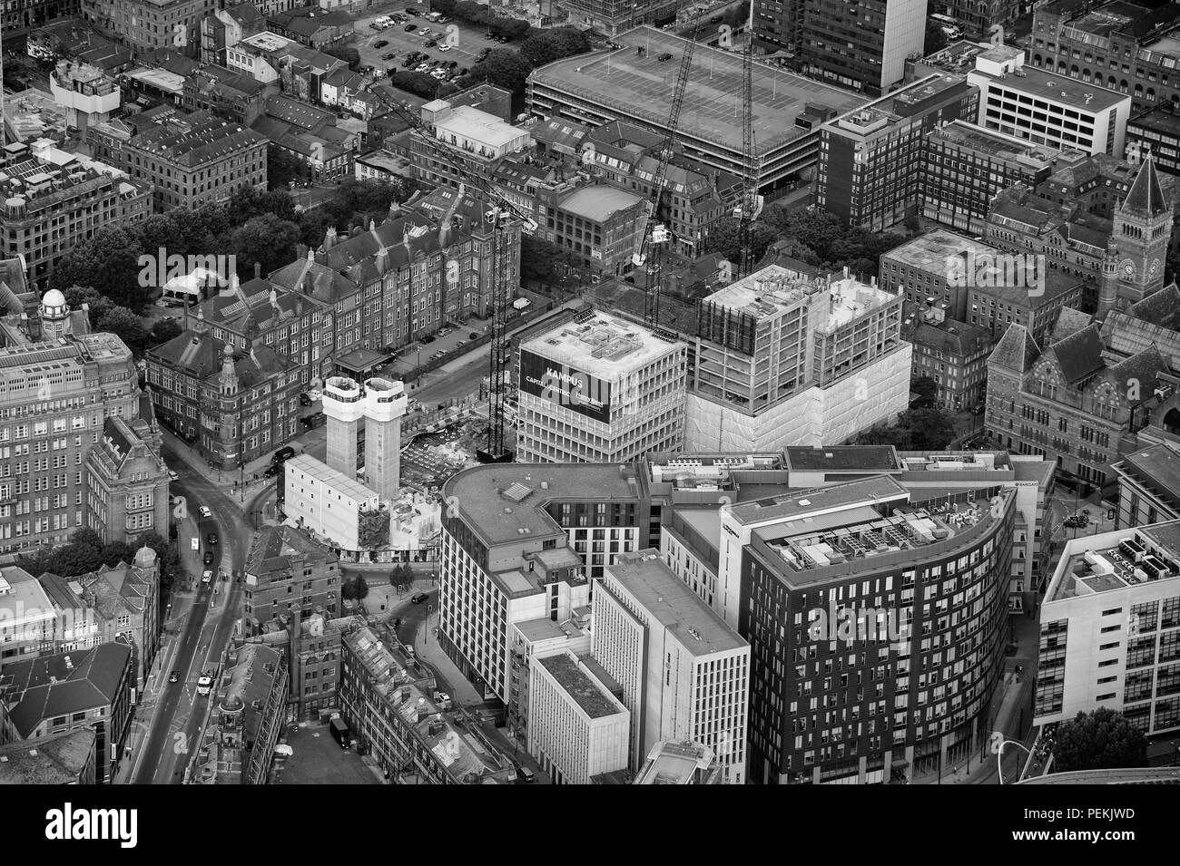 Manchester City Centre black and white aerial photo Stock Photo