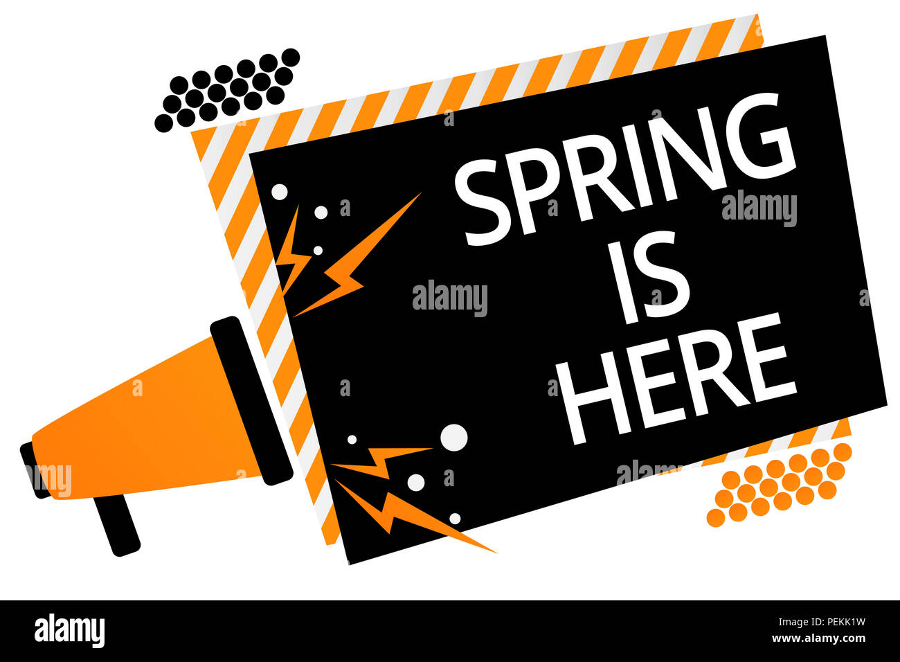 Writing note showing Spring Is Here. Business photo showcasing After winter season has arrived Enjoy nature flowers sun Megaphone loudspeaker orange s Stock Photo