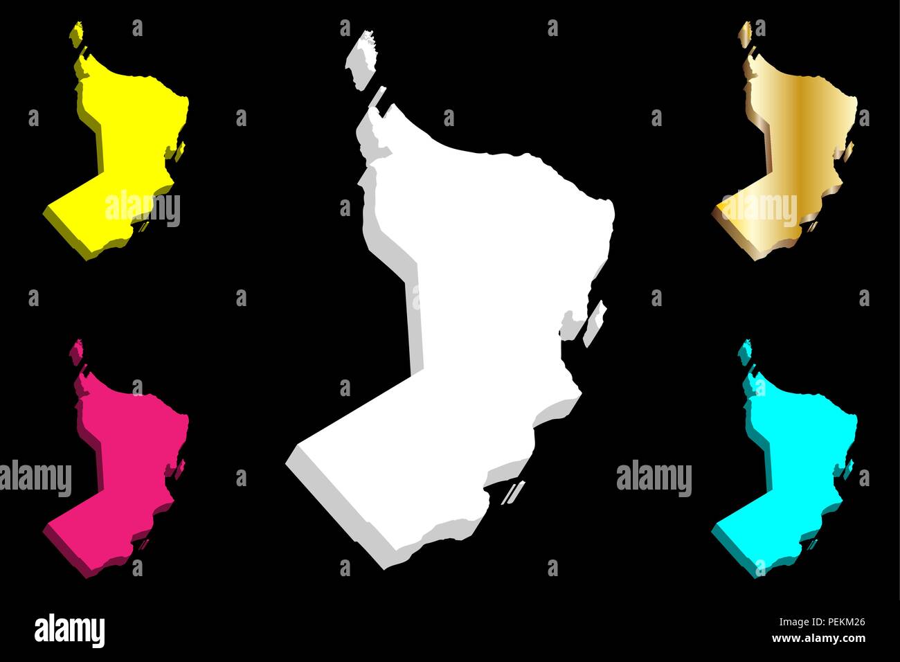 3D map of Oman (Sultanate of Oman) white, yellow, purple, blue and gold vector illustration