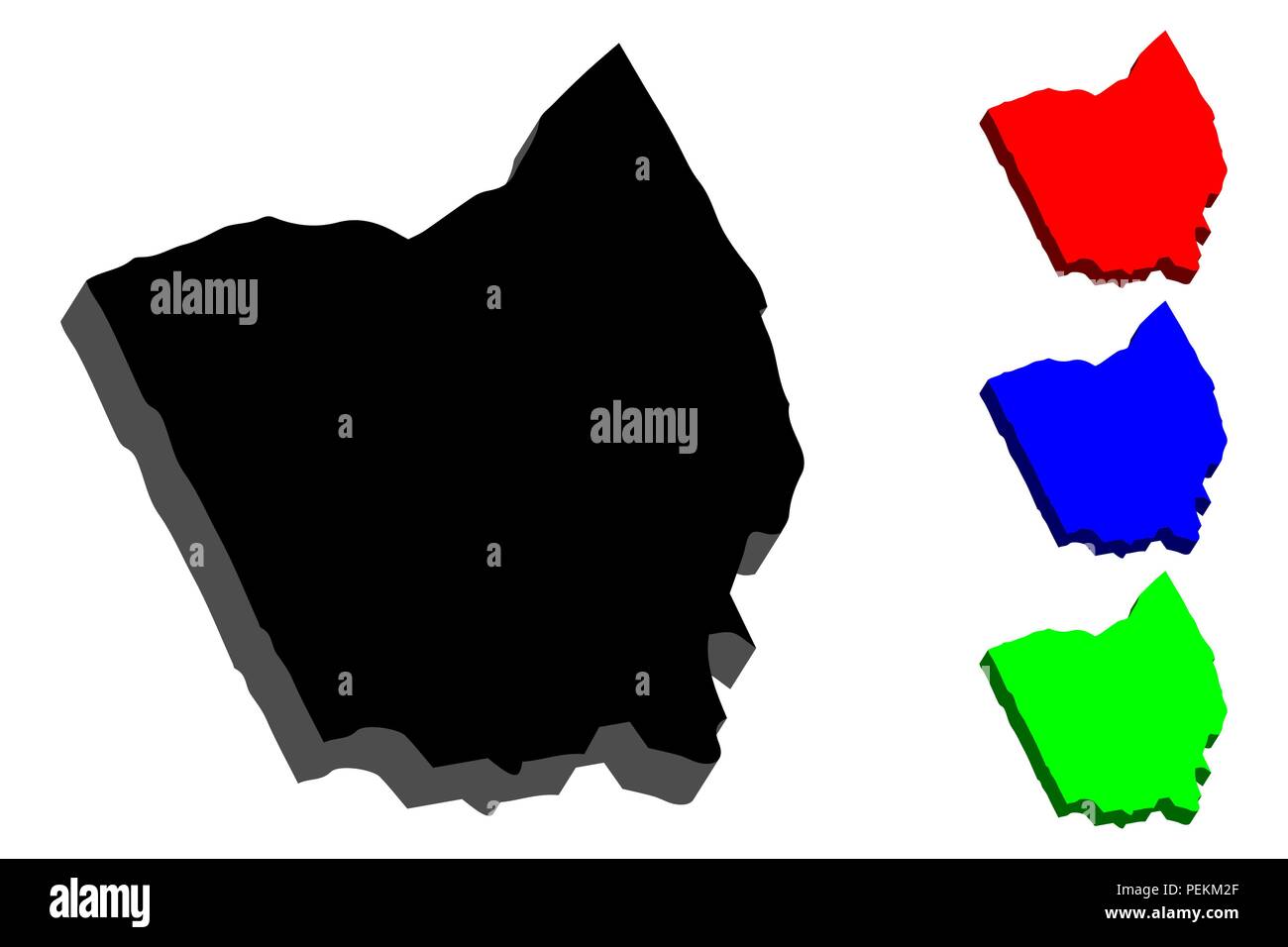 3D map of Ohio (United States of America) black, red, blue and green