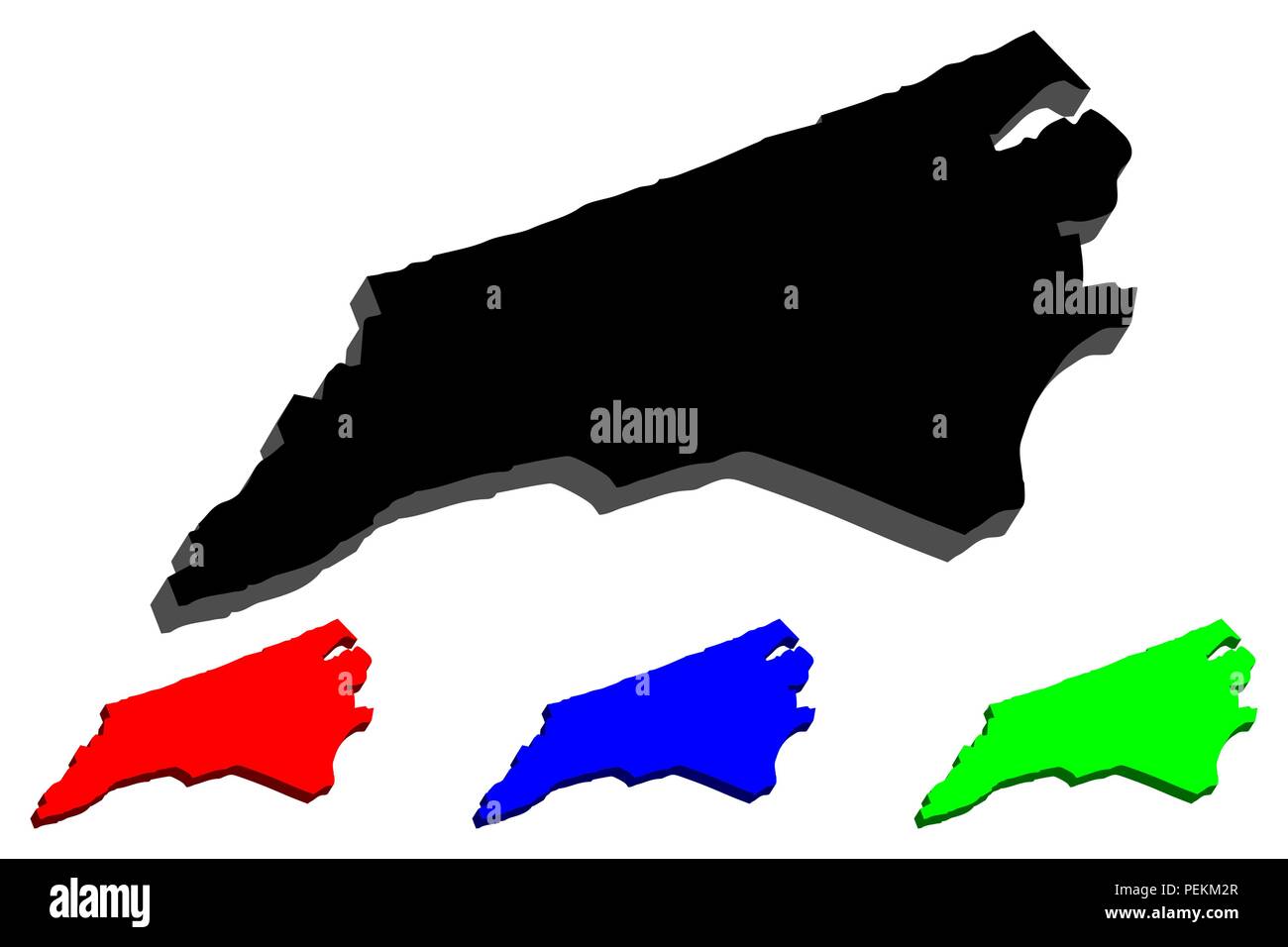 3D map of North Carolina (United States of America, Old North State) - black, red, blue and green - vector illustration Stock Vector