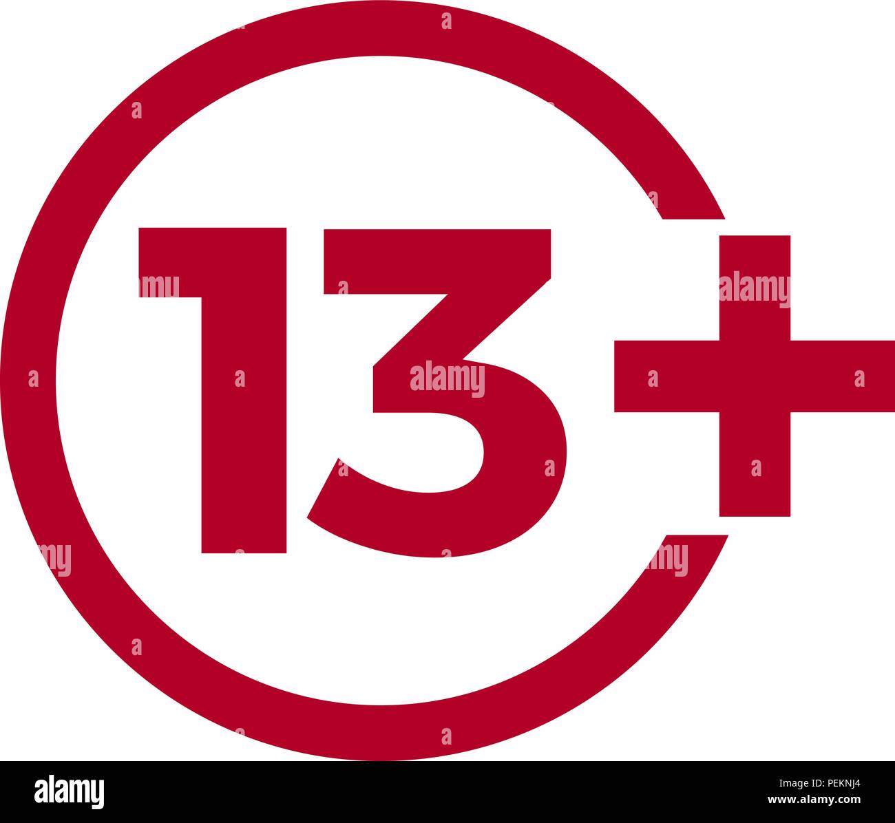 Limit age icon on red background. Icons age limit from 13 vector flat illustration Stock Vector