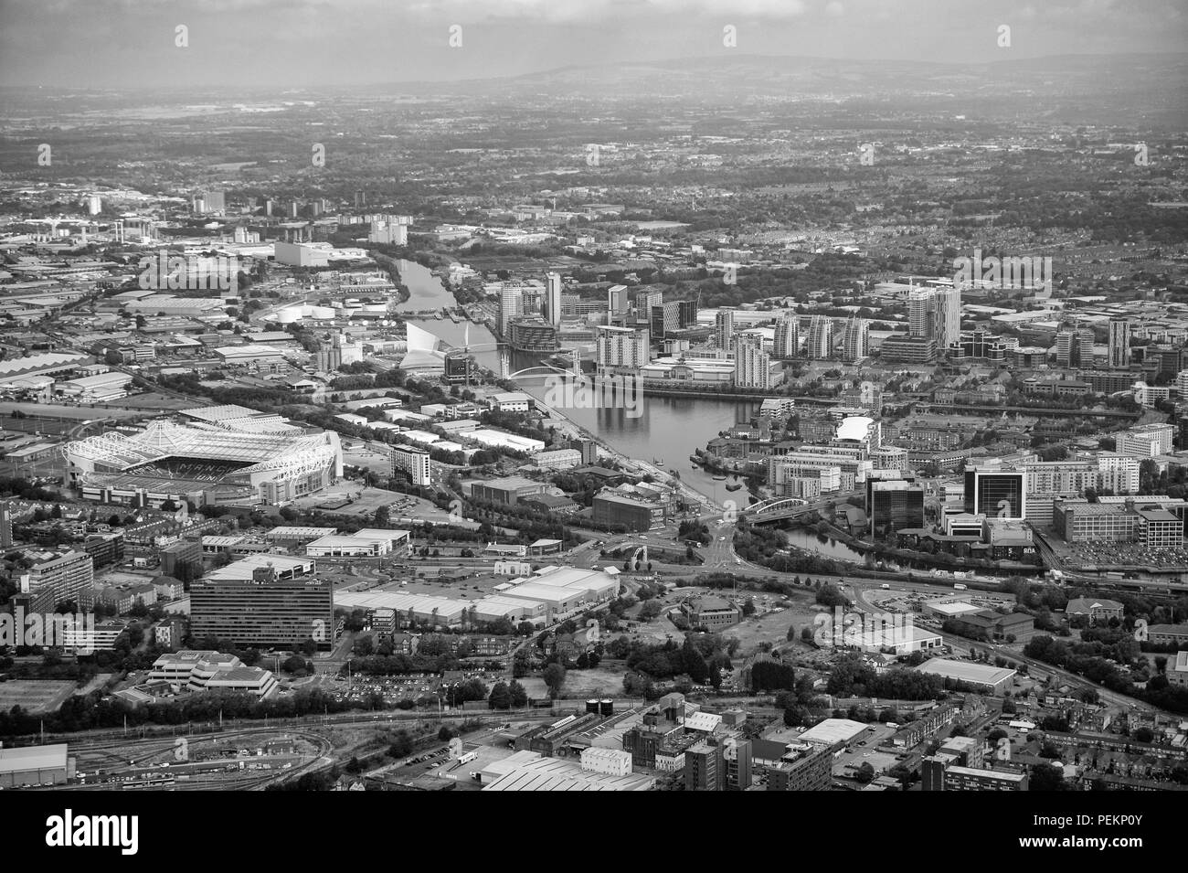 Manchester City Centre black and white aerial photo Stock Photo