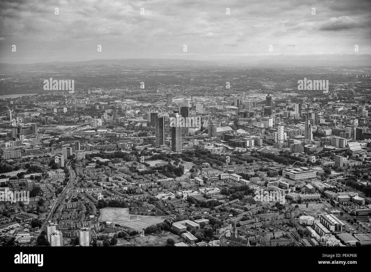 Manchester City Centre black and white aerial photo Stock Photo