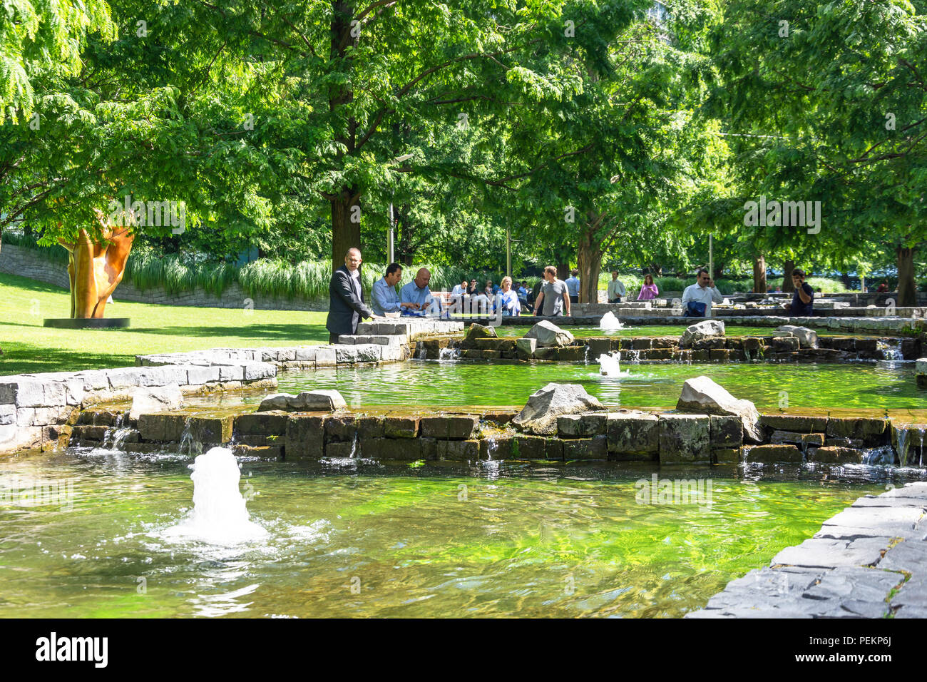 Fountains in Jubilee Park, Canary Wharf, London Borough of Tower Hamlets, London, Greater London, England, United Kingdom Stock Photo