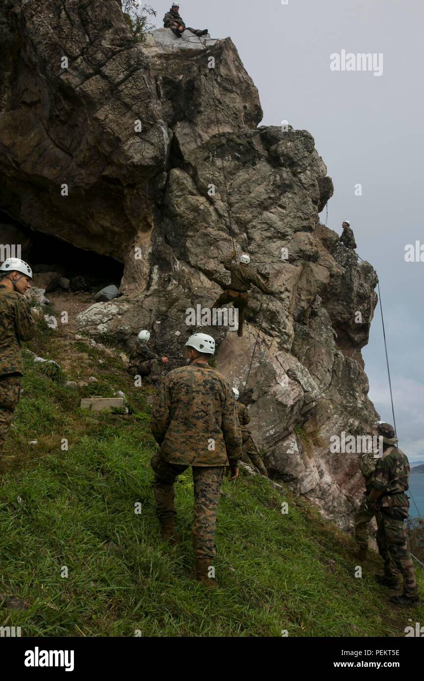 U.S. Marines with 1st Battalion, 2nd Marine Regiment, conduct rappeling ...