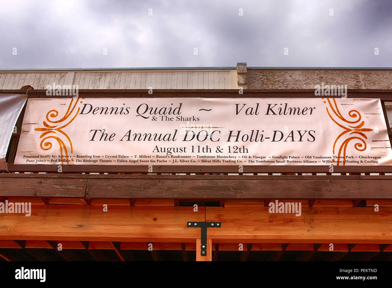 Overhead banner promoting the annual Doc Holiday event in Tombstone, Arizona Stock Photo