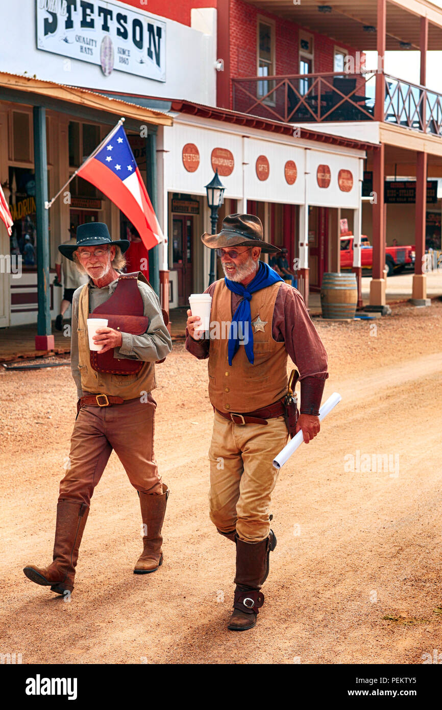 Cowboys with styrofoam cups at the annual Doc Holiday event in Tombstone, Arizona Stock Photo