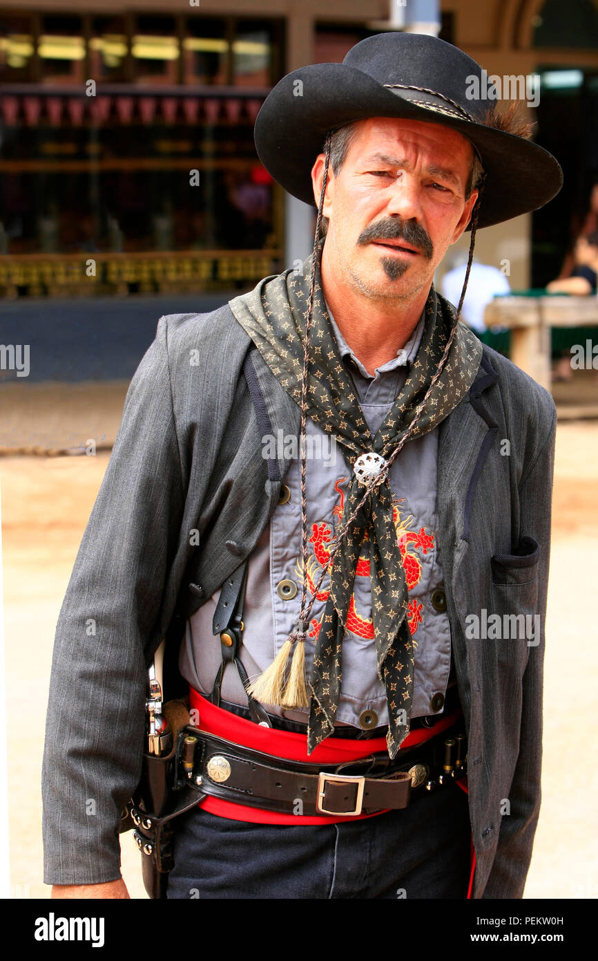 Member of the Johnny Ringo Red Sash cowboy gang at the annual Doc Holiday event in Tombstone, Arizona Stock Photo
