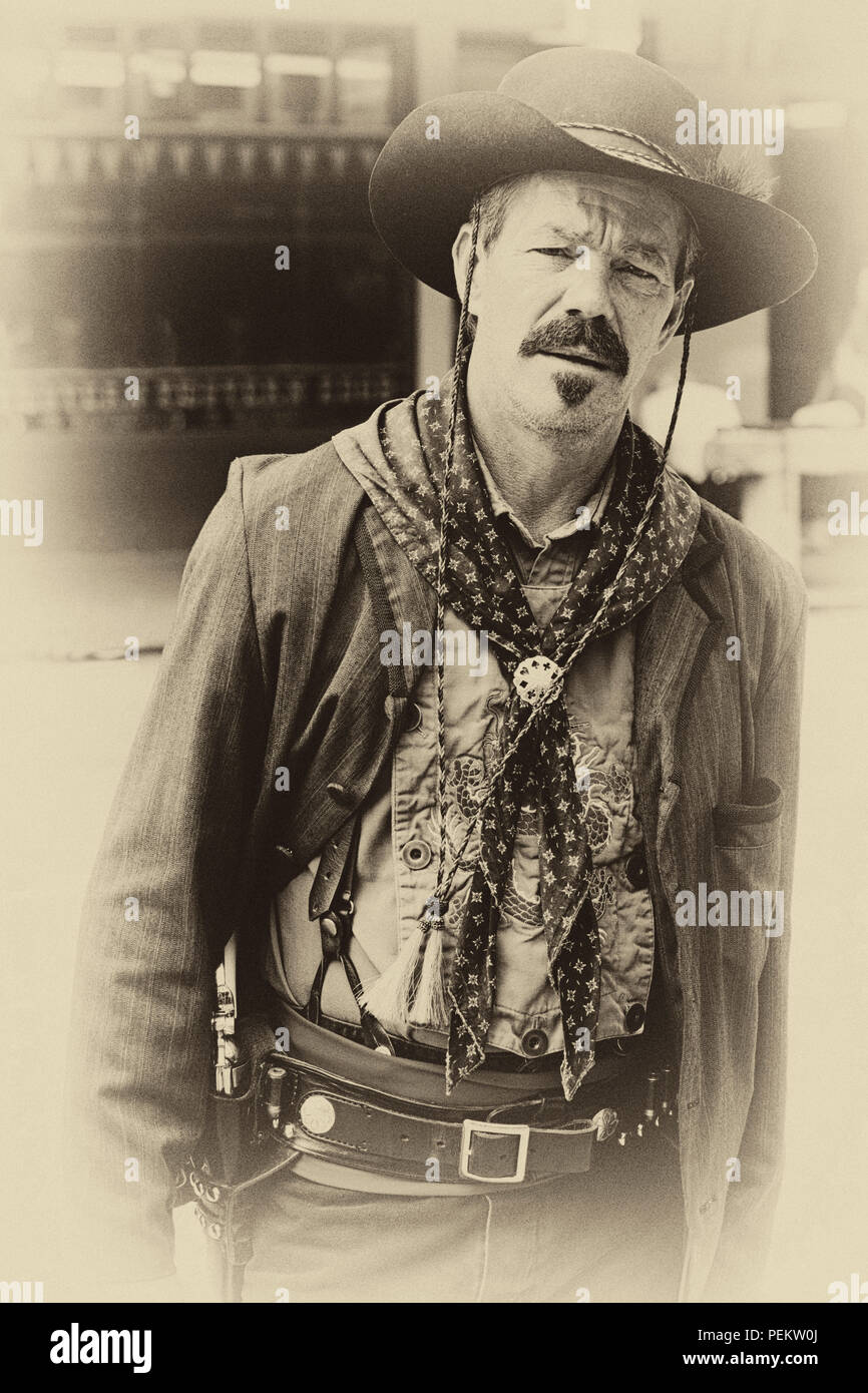 Member of the Johnny Ringo Red Sash cowboy gang at the annual Doc Holiday event in Tombstone, Arizona Stock Photo