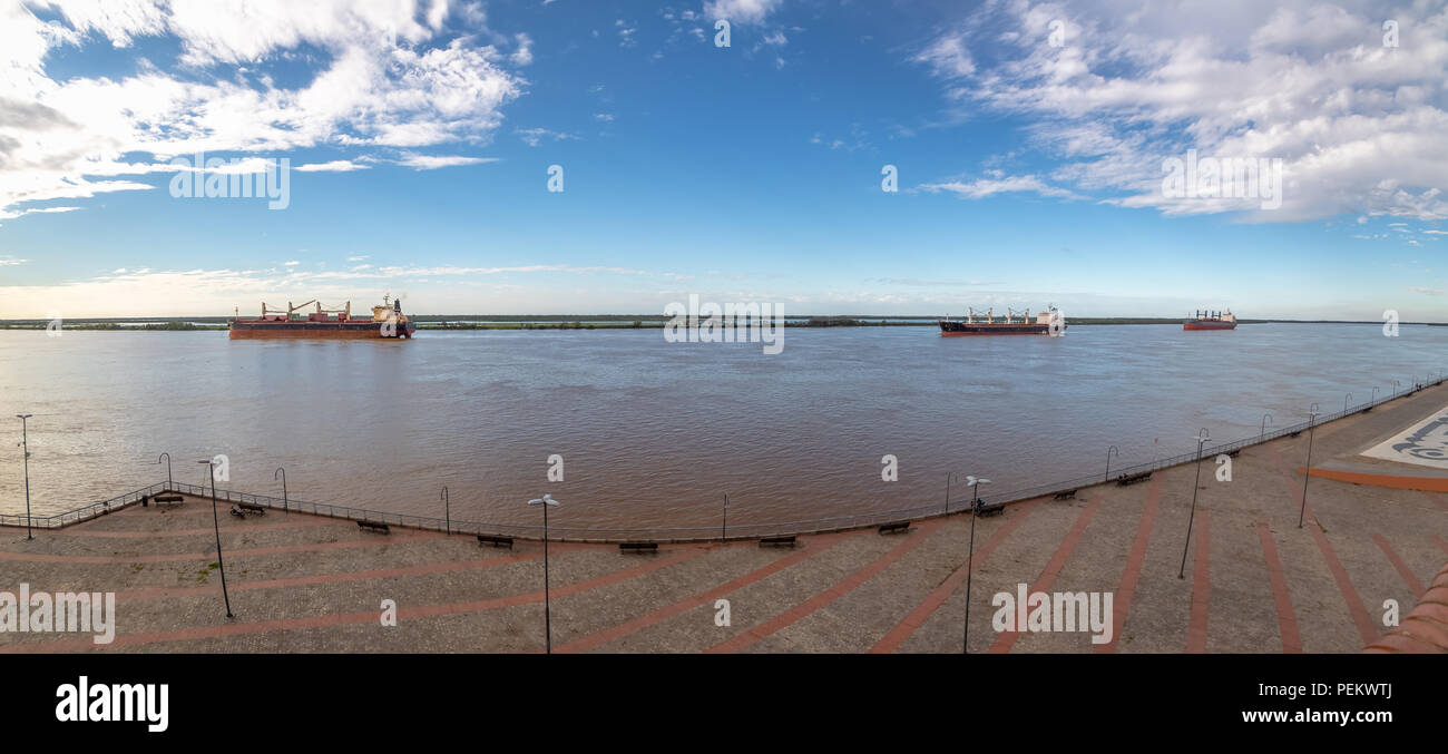 Ships in Parana River panoramic view - Rosario, Santa Fe, Argentina Stock Photo