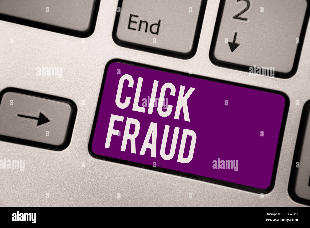 Conceptual hand writing showing Click Fraud. Business photo showcasing practice of repeatedly clicking on advertisement hosted website Keyboard purple Stock Photo