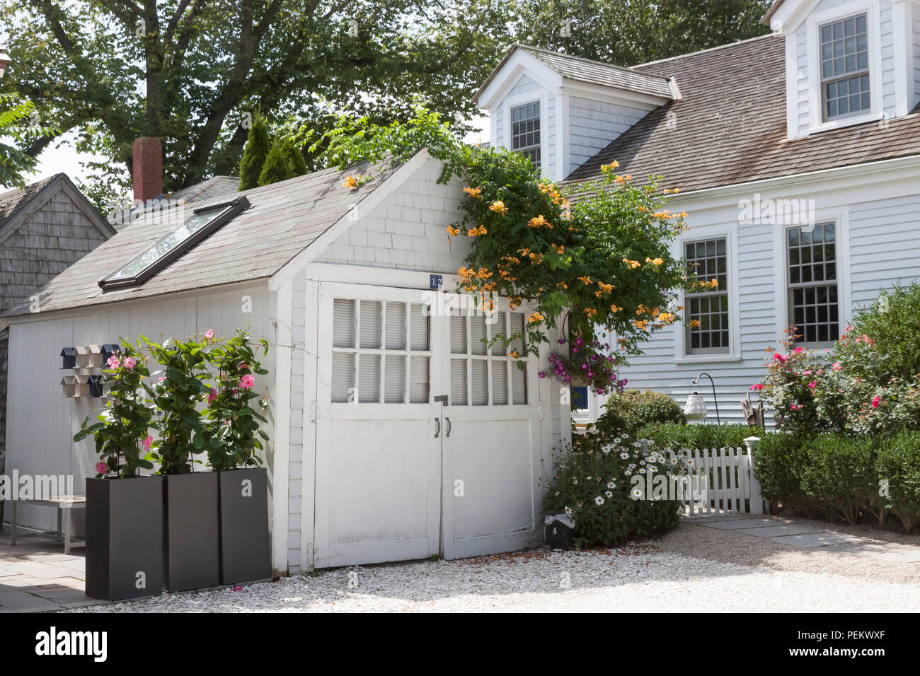 Free-standing, detached, shingled garage or shed with a skylight next to a home on Cape Cod, Massachusetts. Stock Photo