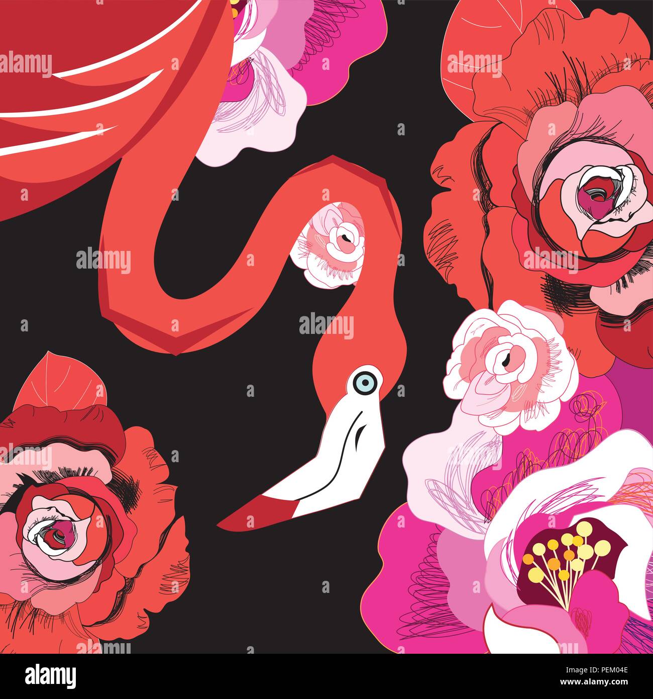 Graphic red flamingo among roses Stock Vector
