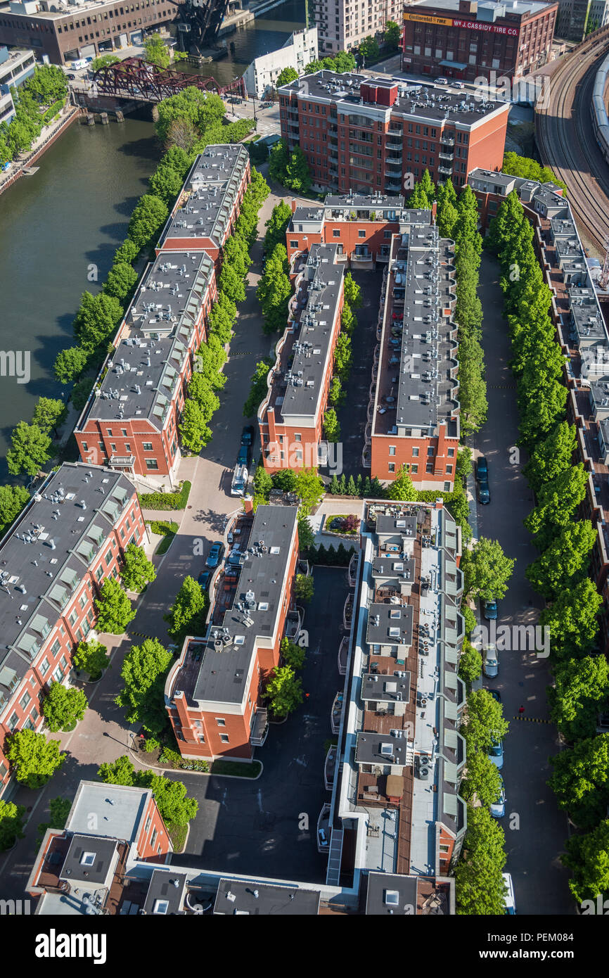 Aerial view of gated community of townhouses on the Chicago River. Stock Photo