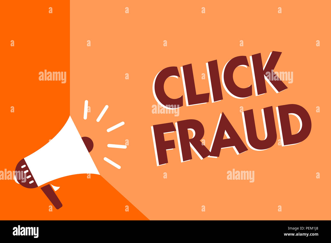 Conceptual hand writing showing Click Fraud. Business photo text practice of repeatedly clicking on advertisement hosted website Megaphone loudspeaker Stock Photo