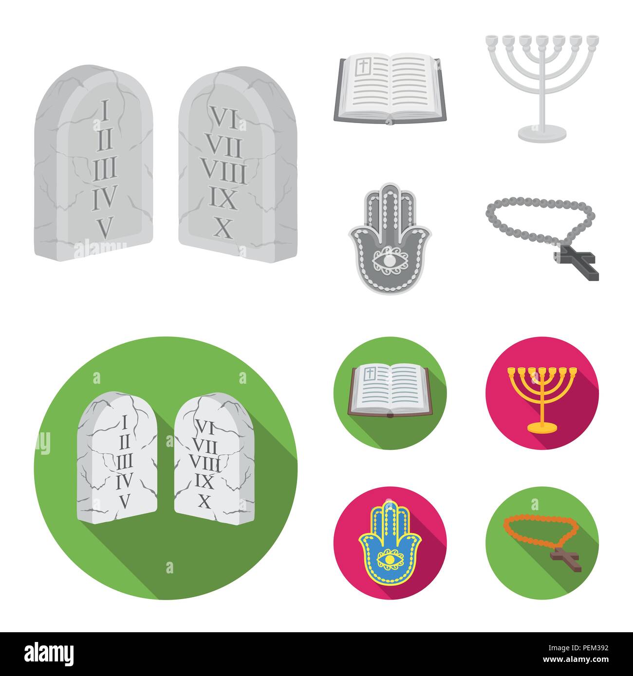 Bible, menorah, hamsa, orthodox cross.Religion set collection icons in