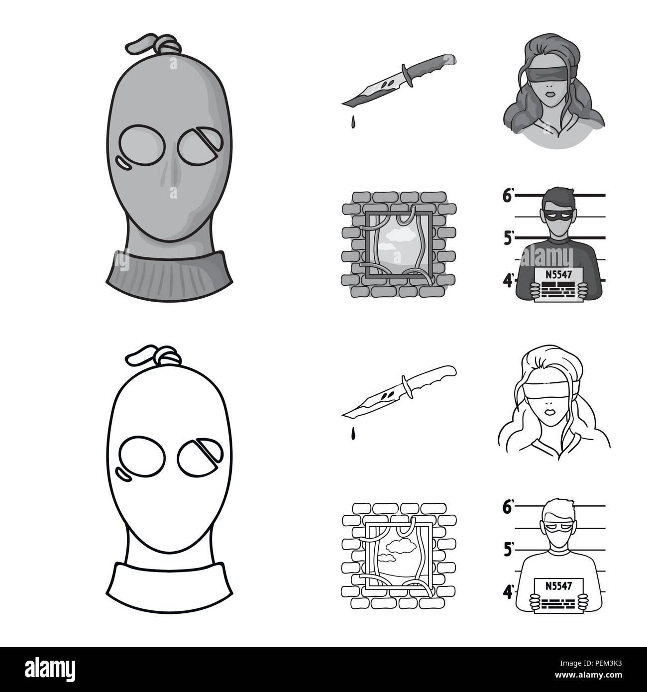A thief in a mask, a bloody knife, a hostage, an escape from prison.Crime set collection icons in outline,monochrome style vector symbol stock illustr Stock Vector