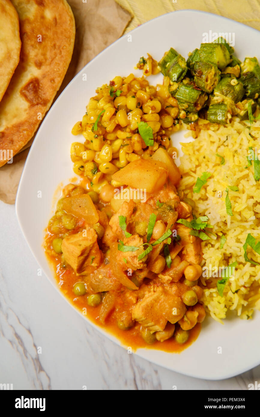 Indian chicken vegetable curry dinner with fried okra biryani rice and