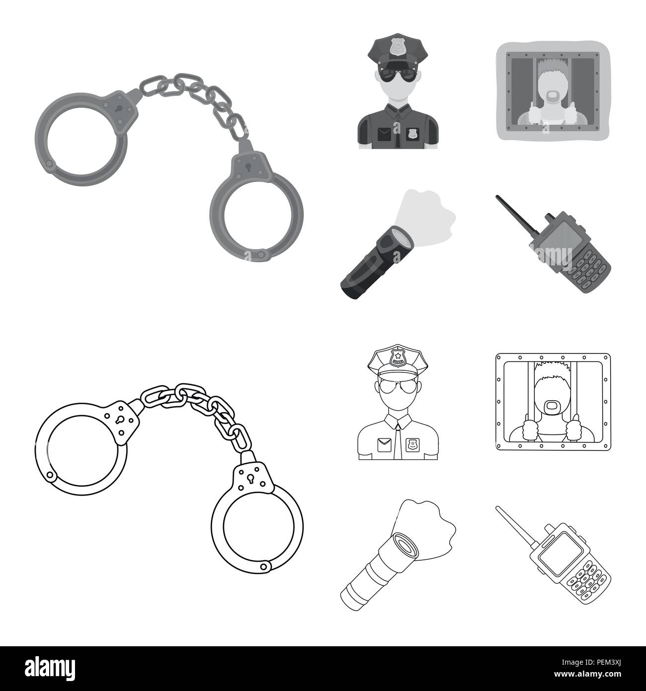 Handcuffs, policeman, prisoner, flashlight.Police set collection icons in outline,monochrome style vector symbol stock illustration . Stock Vector