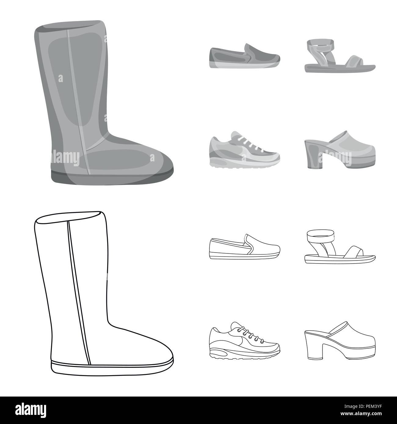 Beige ugg boots with fur, brown loafers with a white sole, sandals with a  fastener, white and blue sneakers. Shoes set collection icons in outline,mon  Stock Vector Image & Art - Alamy