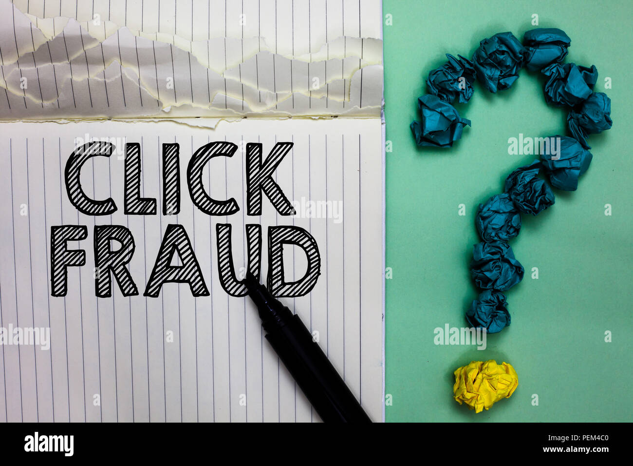 Conceptual hand writing showing Click Fraud. Business photo text practice of repeatedly clicking on advertisement hosted website Notebook marker crump Stock Photo
