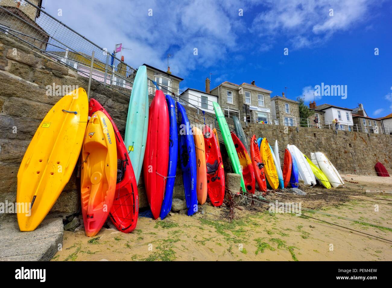 Colourful Kayaks in Mousehole, fishing village,Cornwall,England,UK